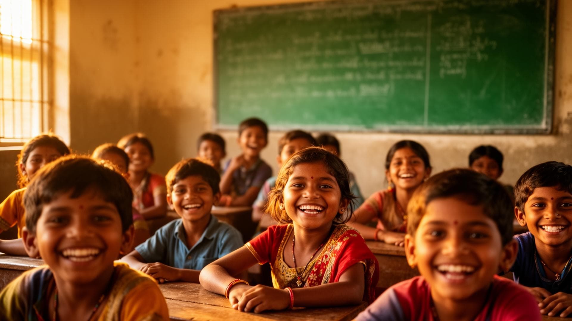 Children smiling in a rural classroom